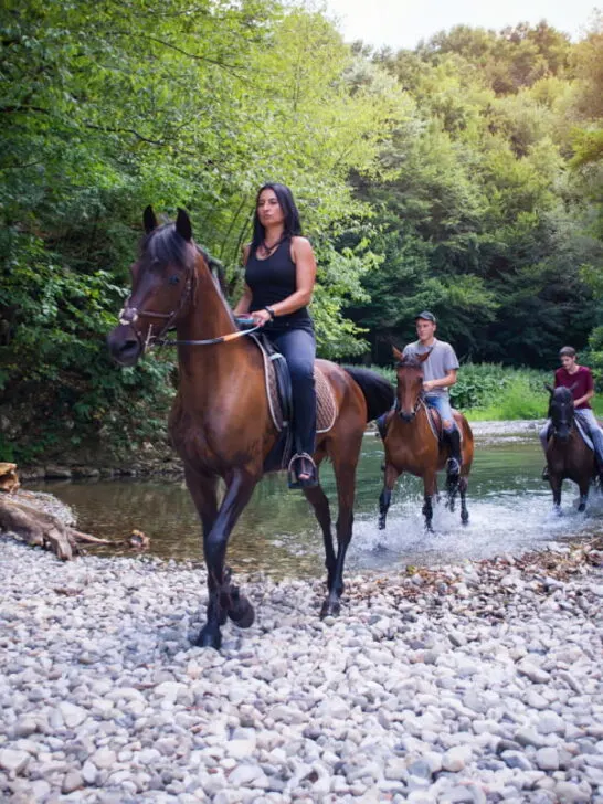 A group of friends riding a horse while crossing a river