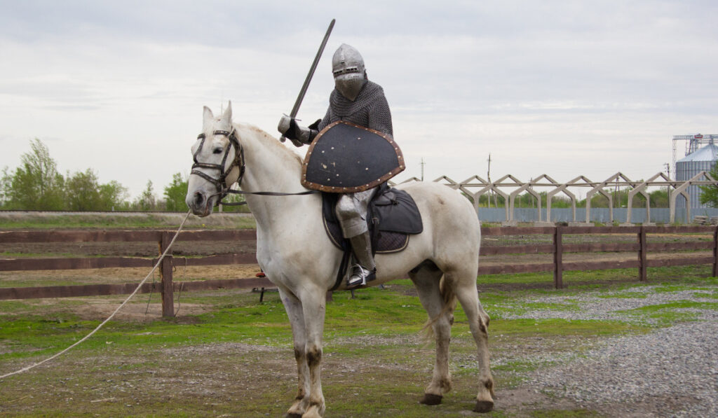 A knight is riding a white horse with a sword in his hand