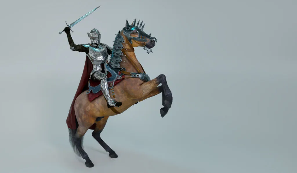 A medieval knight in shining armor with a sword in a helmet with a lowered visor riding a war horse