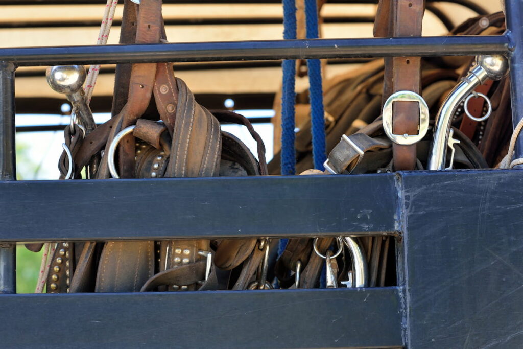 A variety of horse tack hanging 