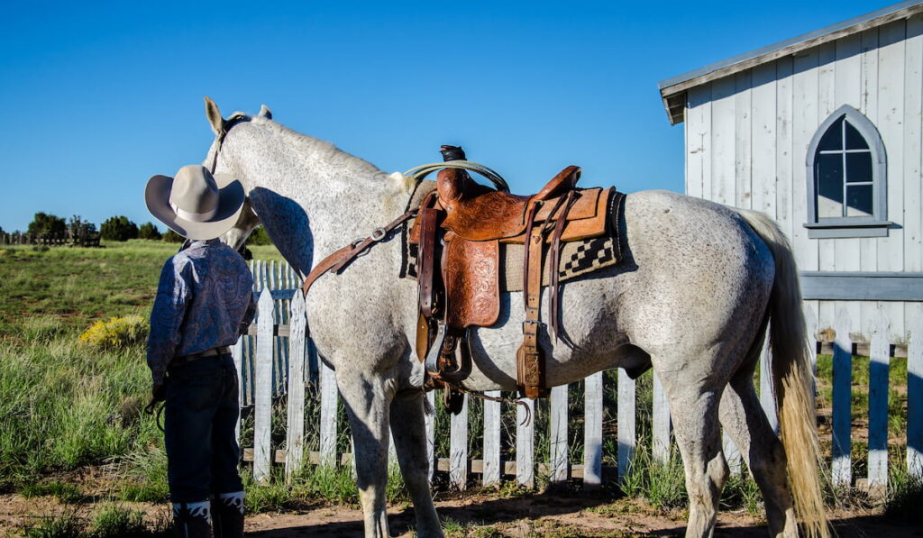 A young boy with his horse staring into the distance