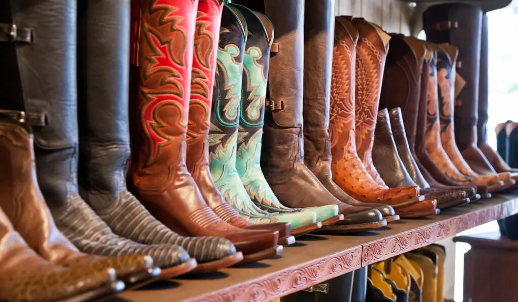 Cowboys boots on a shelf in a store, aligned