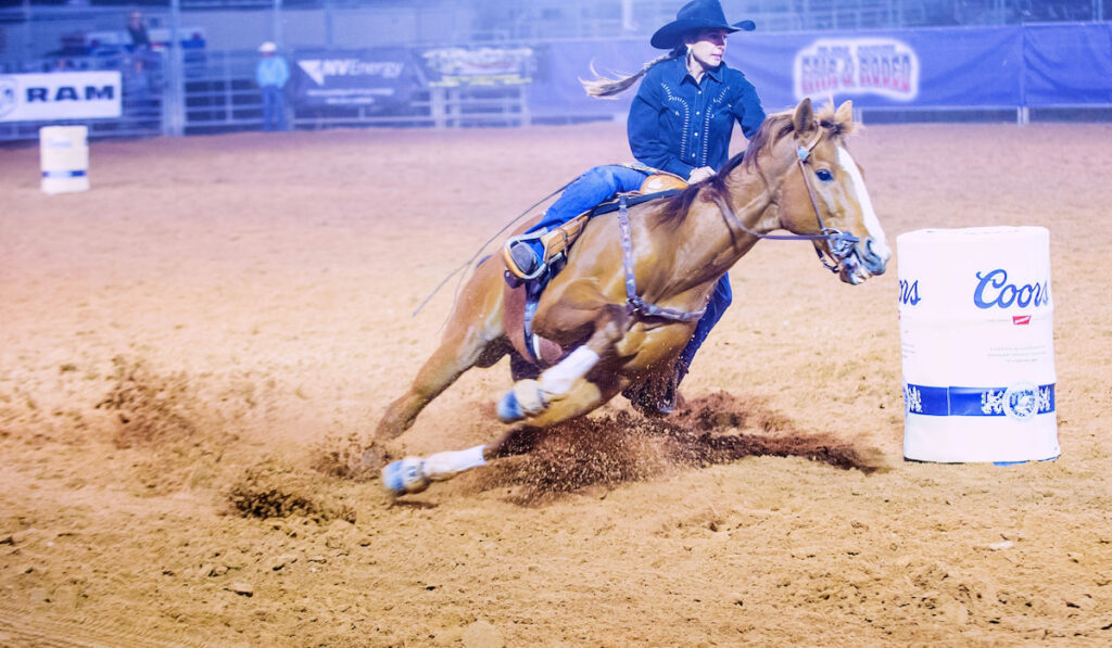 Cowgirl participating in a barrel racing competition in the clark county fair in Nevada