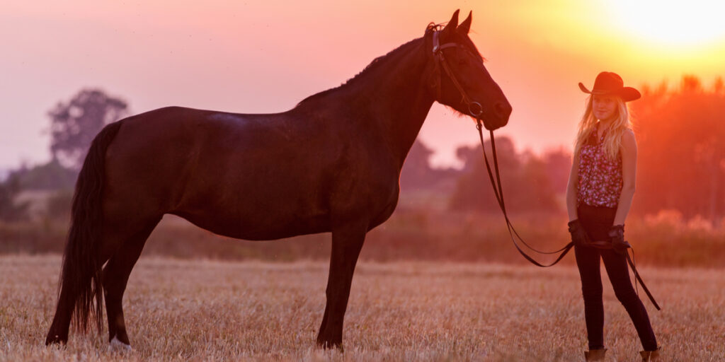 Cowgirl with a horse at sunset