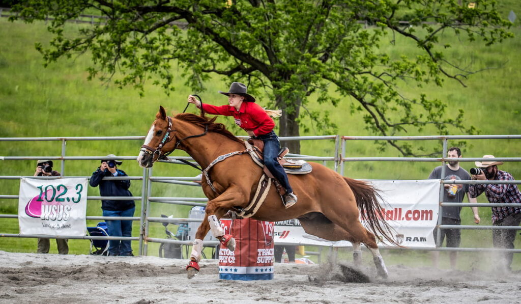 Female Barrel Racer Making the Turn Around the Barrel 