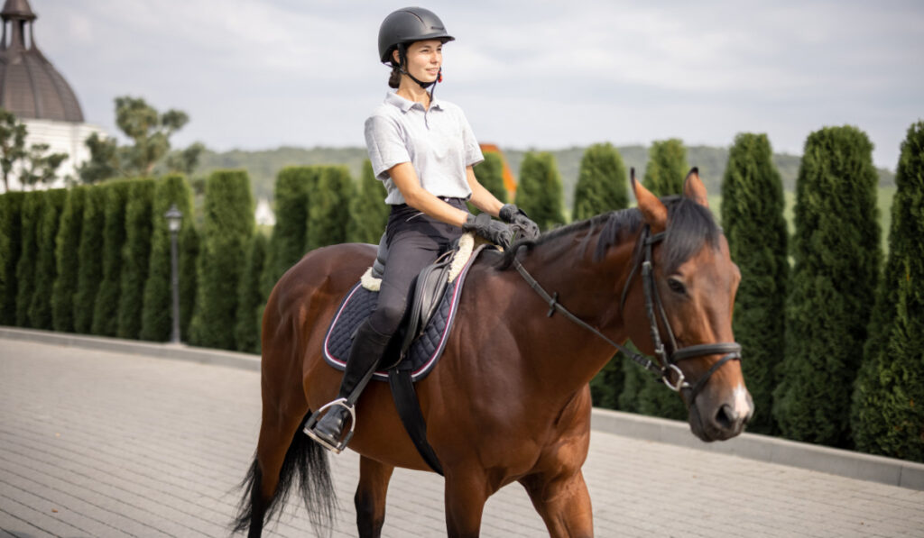 Female horseman riding brown Thoroughbred horse