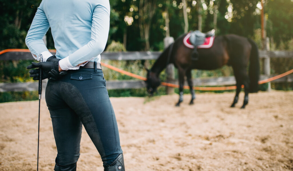 Female rider trains her horse, blurry image of the horse near fence on the background
