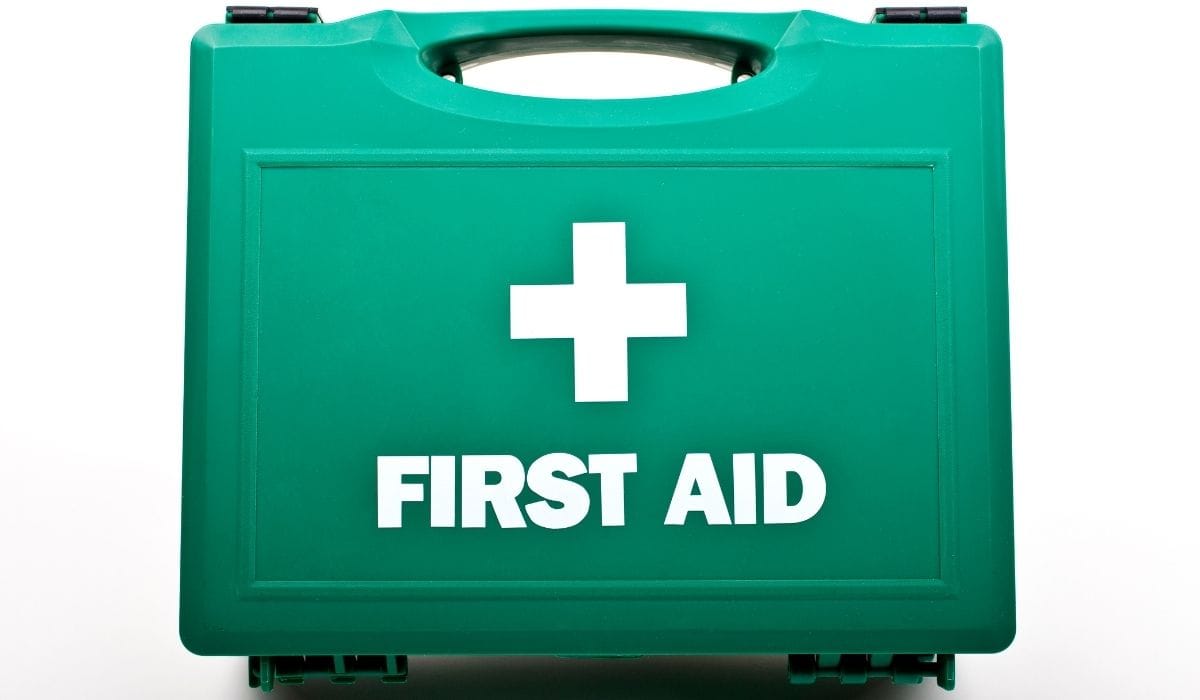 First aid kit box on white background