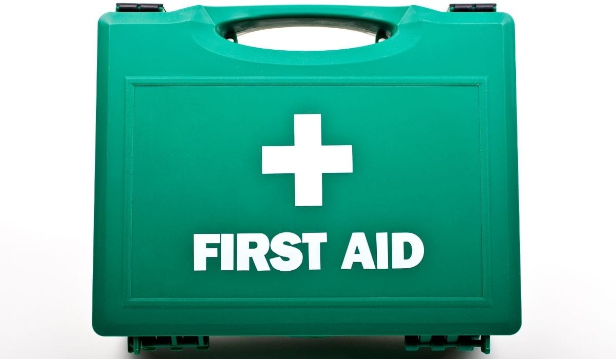 First aid kit box on white background