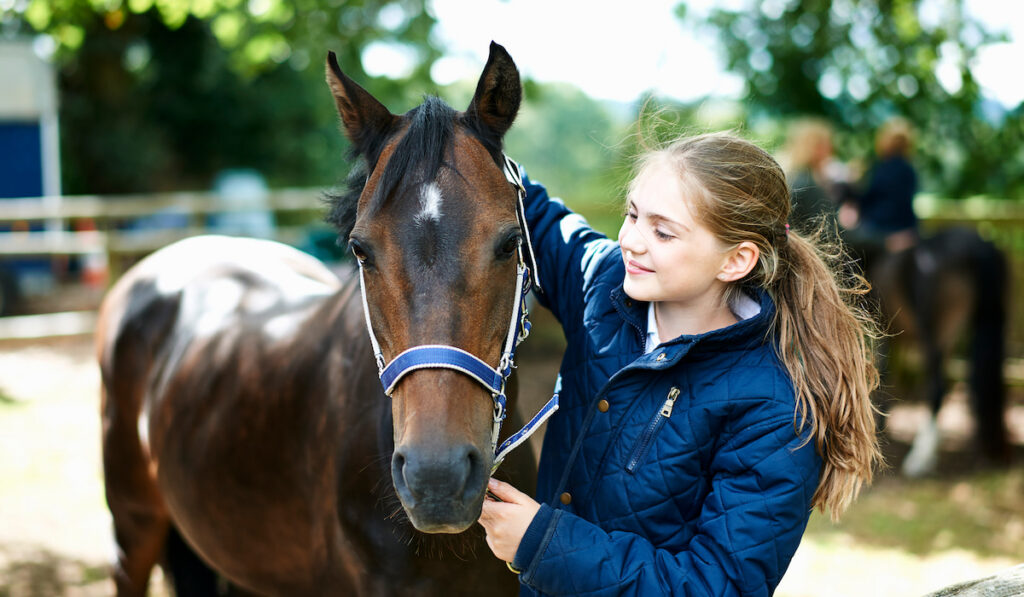 Girl putting halter onto horse
