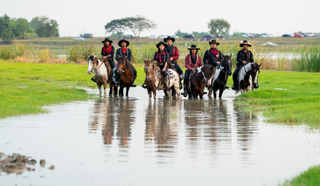 Group of cowboy and cowgirl with horse