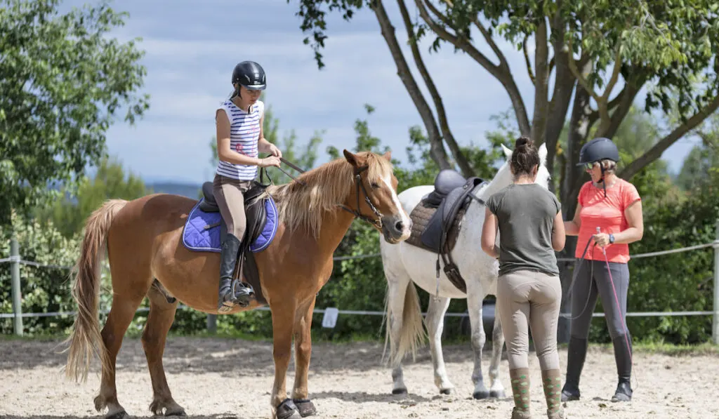 Group of woman training their horse in equestrian center, providing horse riding lesson