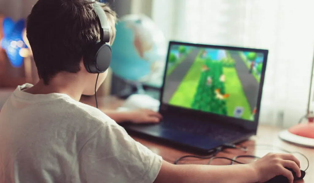Little boy gamer playing on laptop at home 