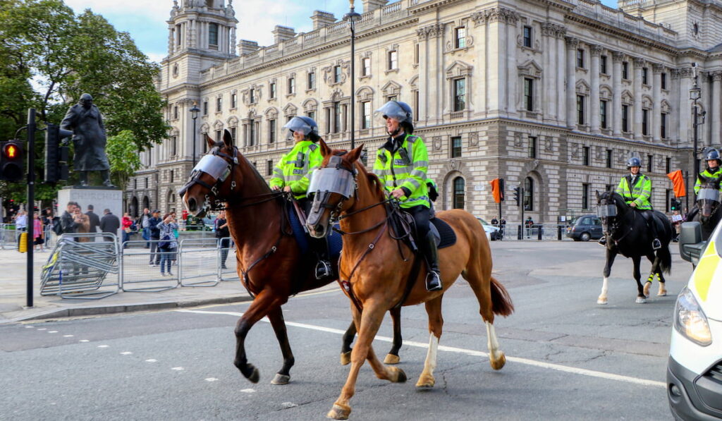 London Metropolitan Police on horses in front of the Houses of Parliament in Westminster - London, England, United Kingdom
