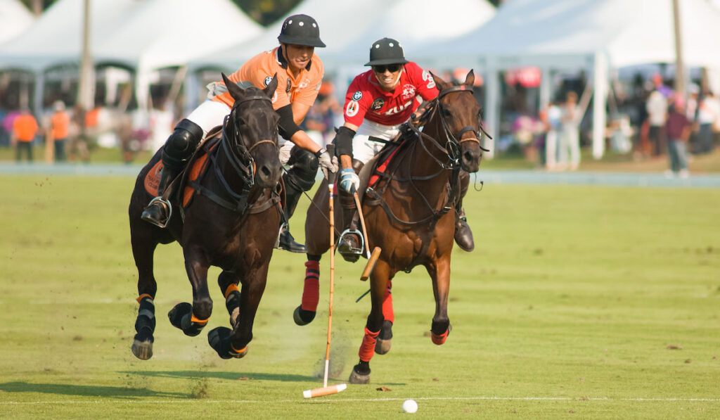 Players with their horses fighting for the ball in a Polo event 