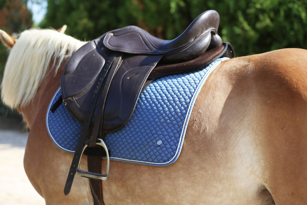 Quality classical english leather saddle ready for horse workout, equestrian sport background