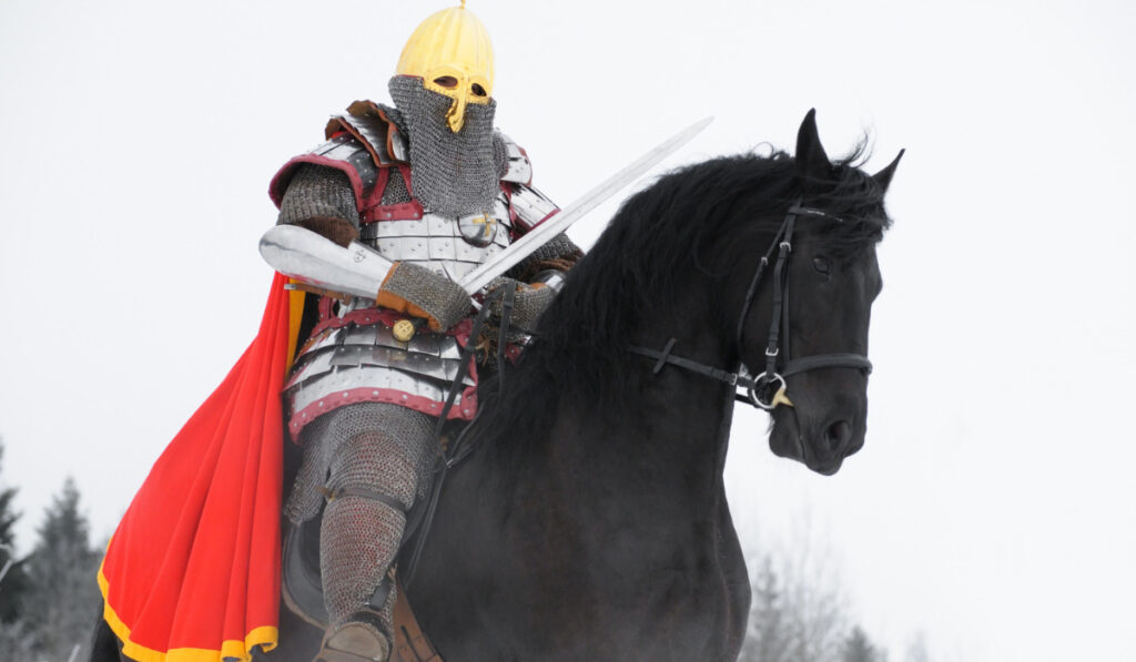Slavic knight on black horse

