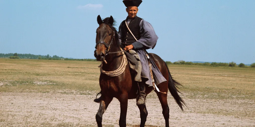 Man riding a brown horse in an open field
