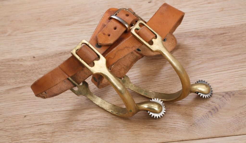 Western Rowelled Spurs on wooden table
