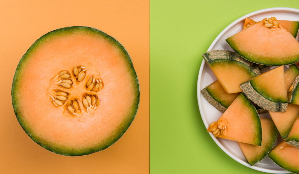 Whole and SLiced Cantaloupe Melon on Pastel Background