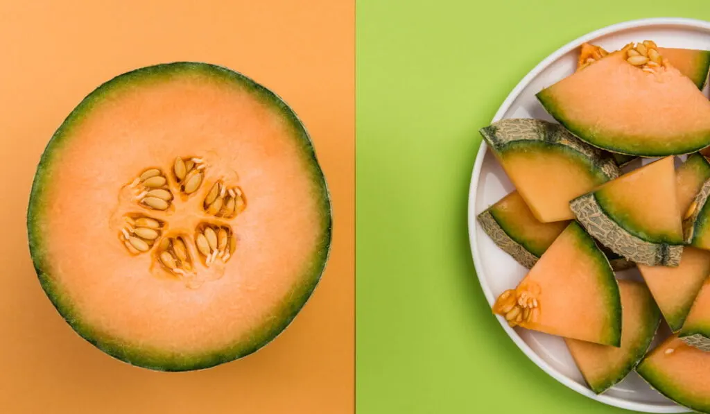 Whole and SLiced Cantaloupe Melon on Pastel Background