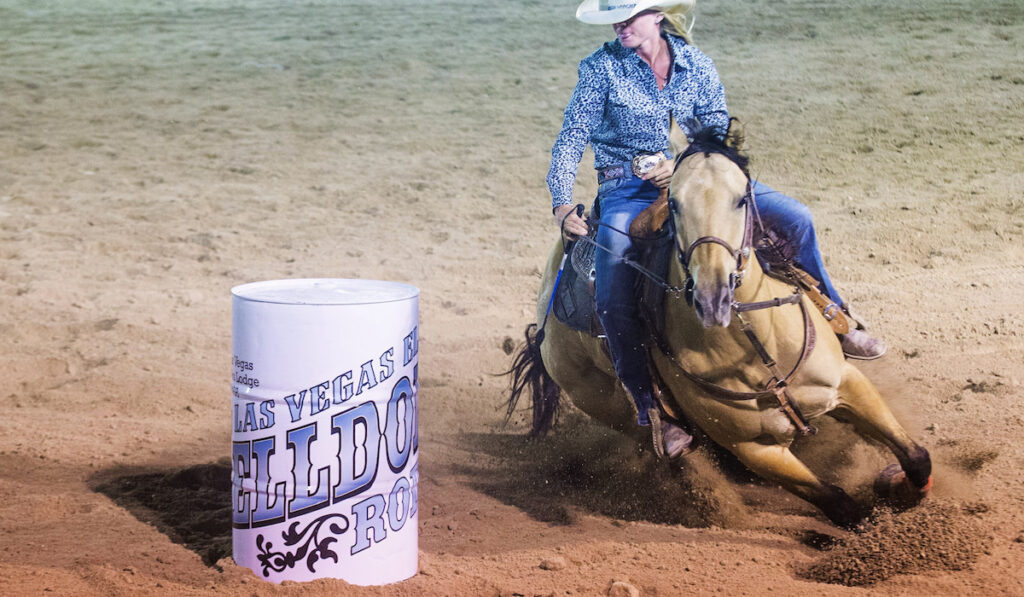 a horse and rider competing in a barrel race