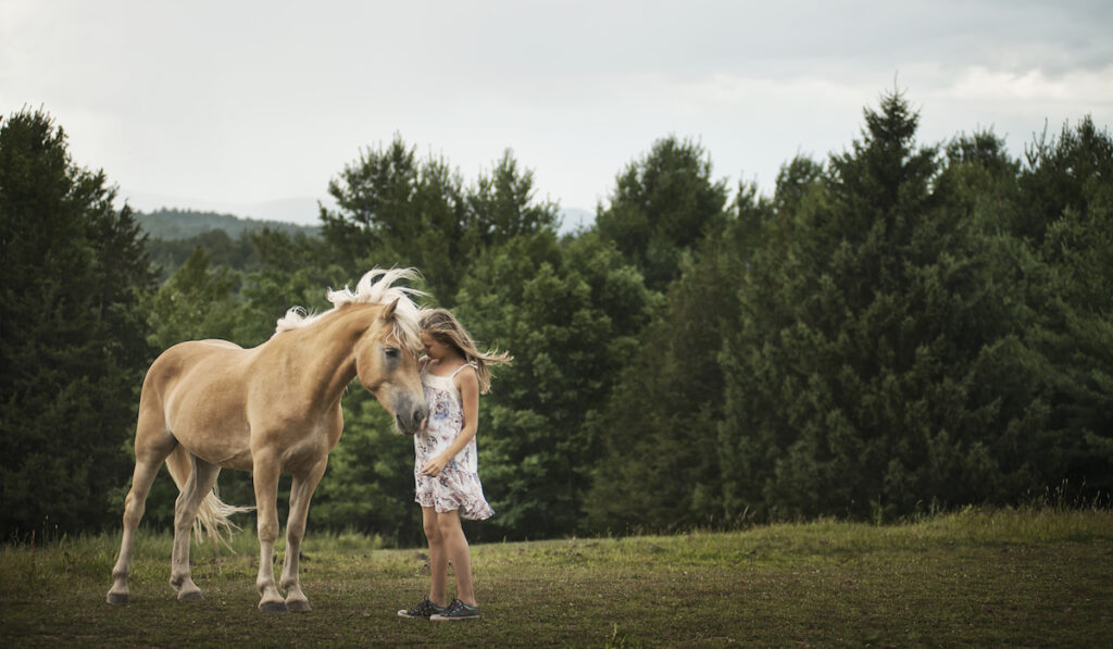 a young girl with a palomino horse