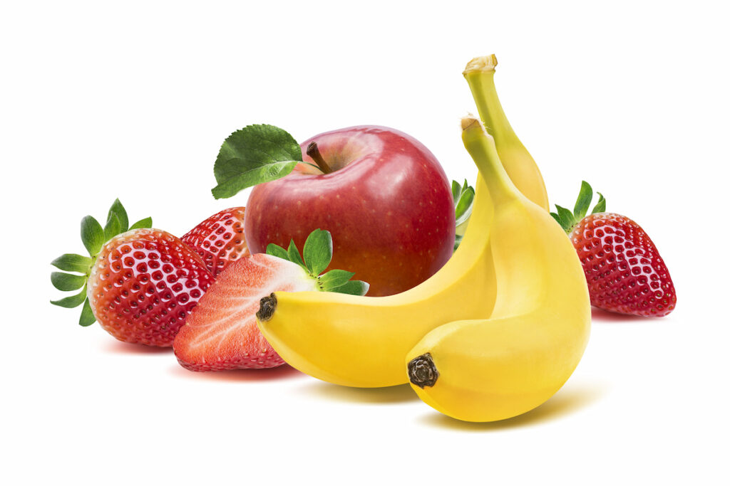 banana, apple and strawberries on a white background 