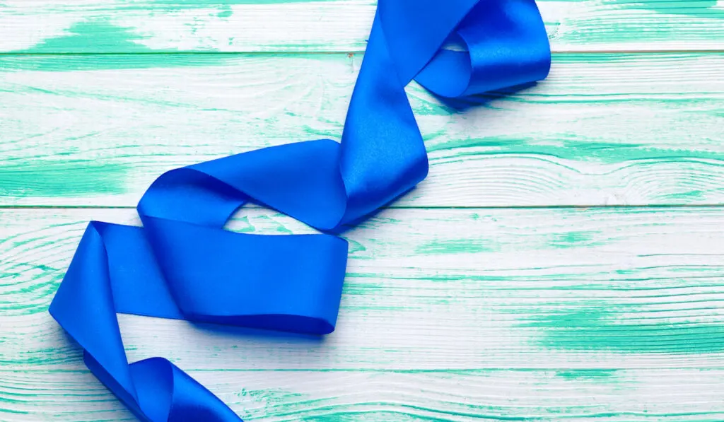 blue ribbon on light blue green wooden table