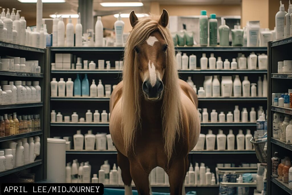 chestnut horse standing in shampoo aisle at grocery store