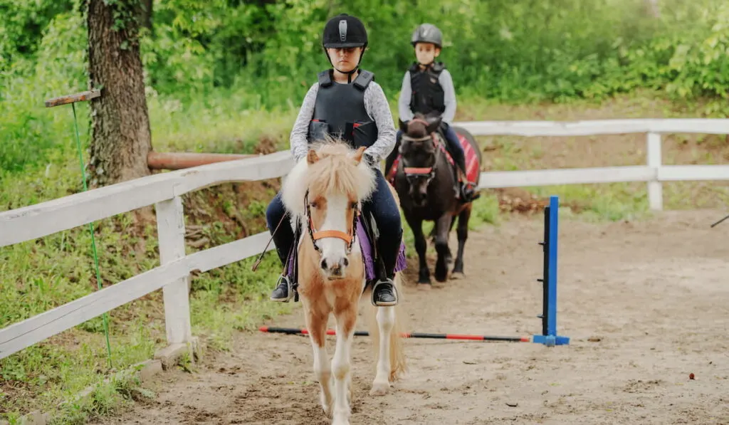 children wearing PPE riding pony horses 
