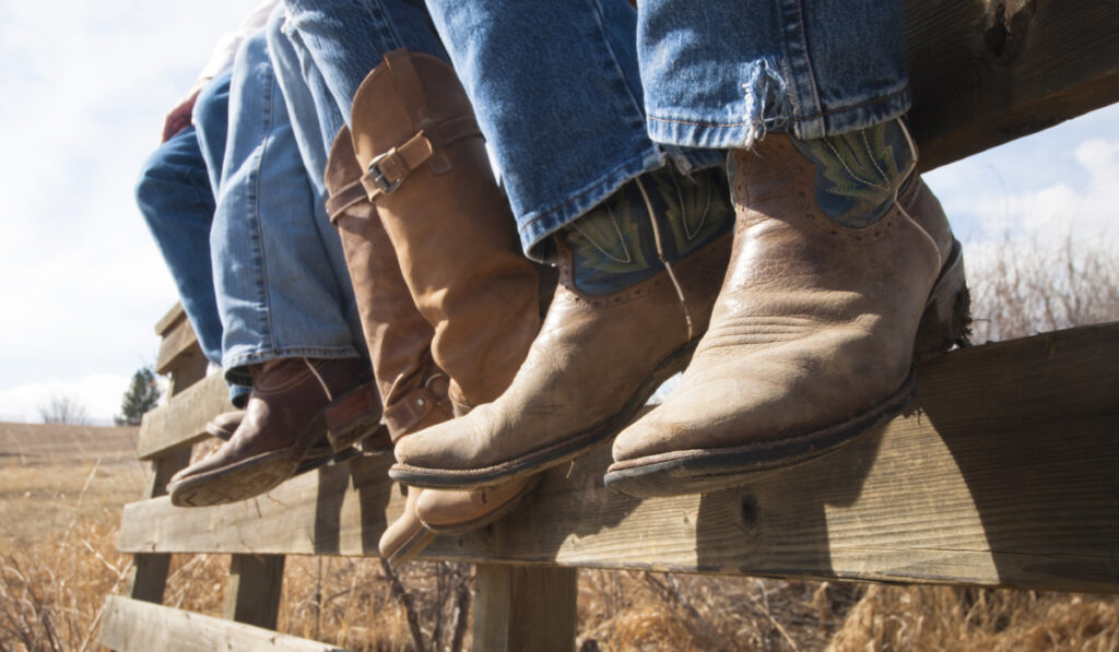 Cowboys and cowgirls sitting on wooden fence.