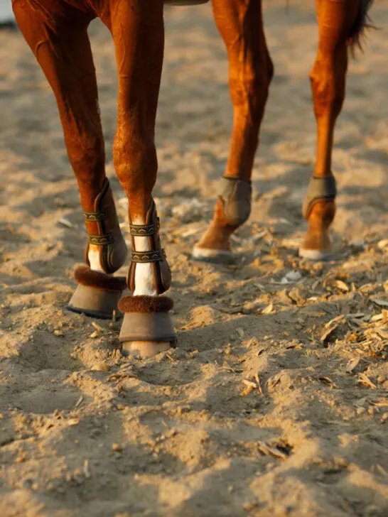 Woman rider jockey in helmet and white uniform preparing horse racing - ee240523