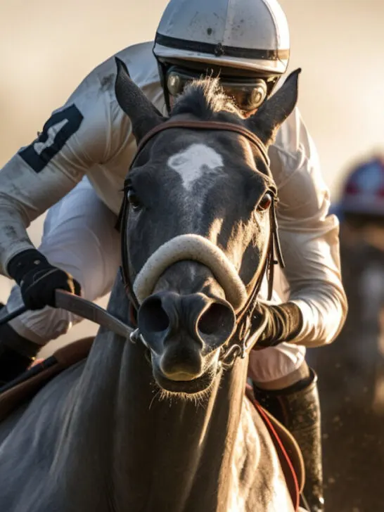 closeup of a horse and jockey