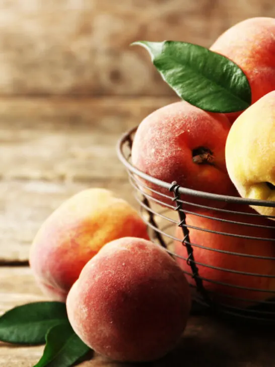 delicious looking peaches in an iron basket