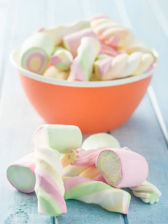 sweet colorful marshmallows in an orange bowl