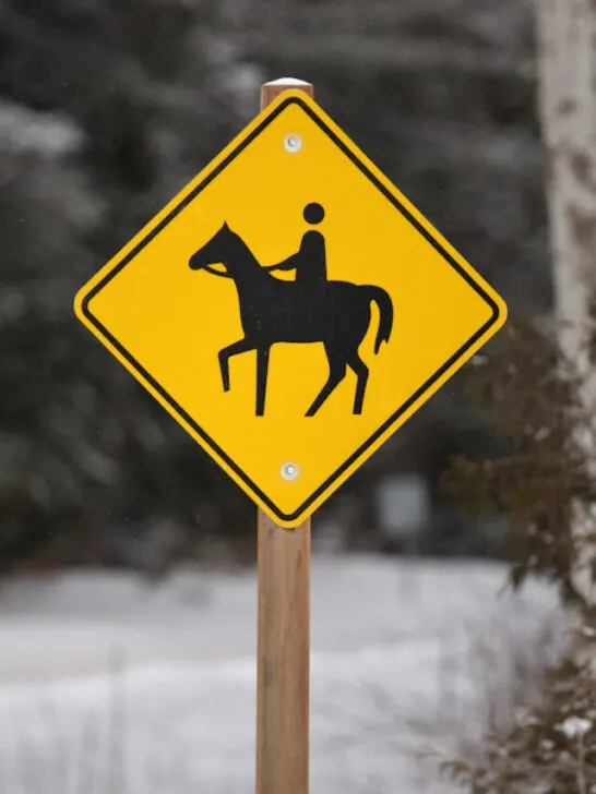 yellow caution horse riding sign
