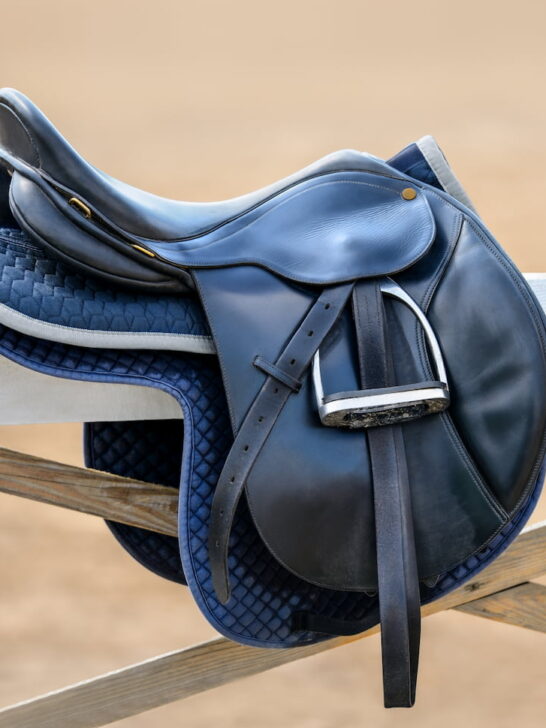 english jumping saddle hanging on a white fence