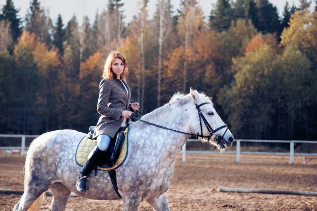 girl in tweeds rides on the gray horse 