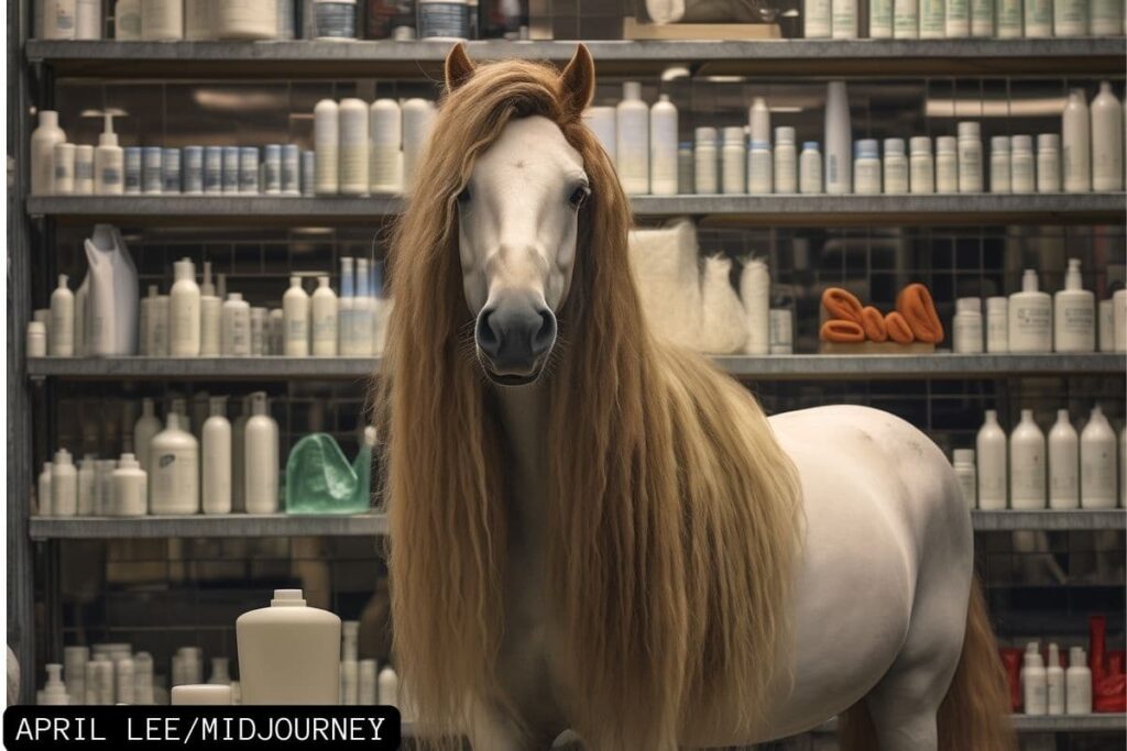 grey horse standing in shampoo aisle at grocery store