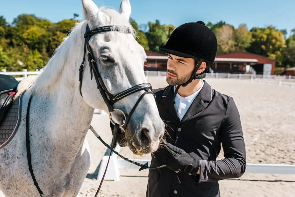 male equestrian fixing horse halter