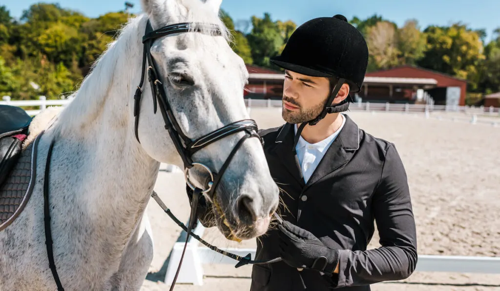 man fixing horse halkter at horse club 