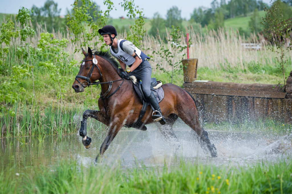 man on a jersey riding a brown horse running over the water