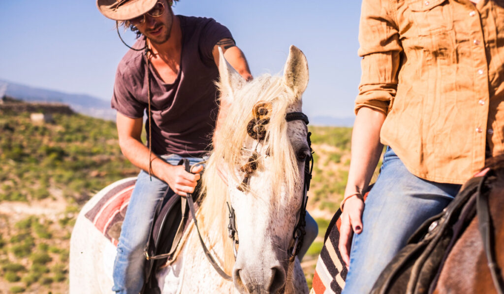 modern cowboy and cowgirl ride horses