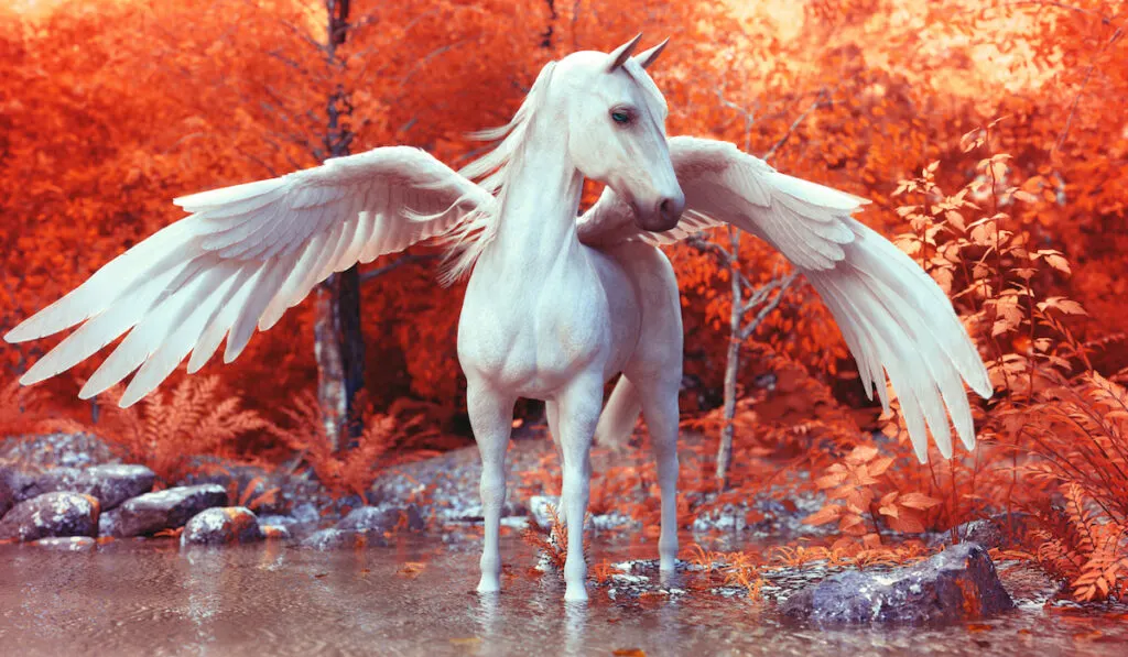 pegasus in a mythical orange colored forest