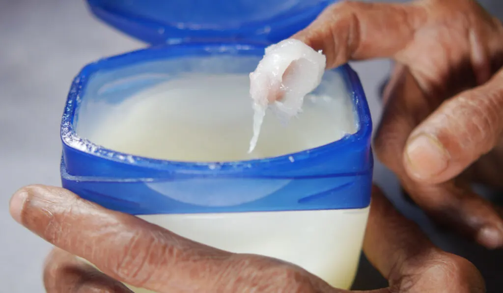 dry hands holding a petroleum jelly tub, finger scooping the petroleum jelly
