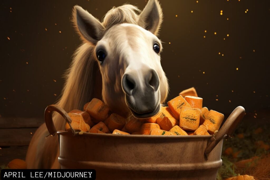 Cute pony with bucket of sweet potatoes on dark background