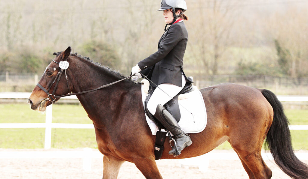 properly dressed woman riding a horse