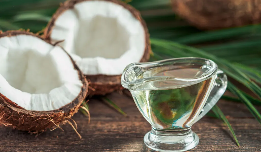 sliced coconut and coconut oil in glass cup 