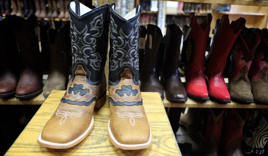 square cowboy boots in boots shop
